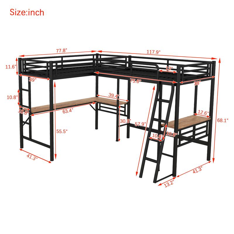 Twin Size Metal L-Shaped Loft Bed with Two Built-in Desks, Black Space-Saving Study Workstation Loft Frame