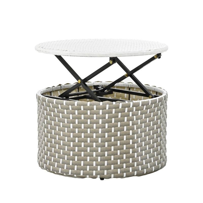 Round Outdoor Daybed Two-Tone Weave Sunbed with Retractable Canopy