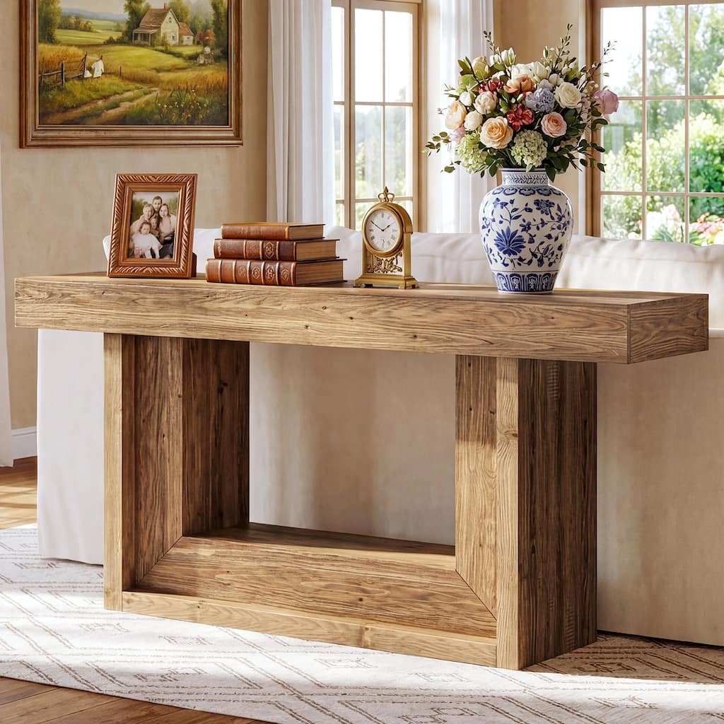 U-Shaped Solid Wood Console Table, 63-Inch Farmhouse Entryway Table