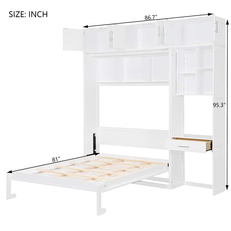 Full Size and Queen Size Wall Murphy Bed with Desk, Top Cabinet and Storage Shelves, Space Saving Foldable Bed