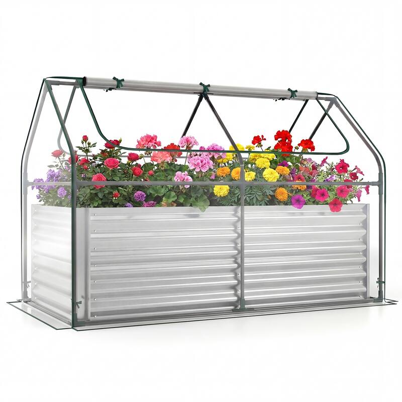 Gymax Raised Garden Bed w/ Cover 68'' x 33'' x 21'' Planter Box w/ - Silver