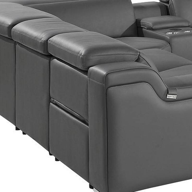 HomeRoots Dark Gray Italian Leather Power Reclining U Shaped Ten Piece Corner Sectional With Console