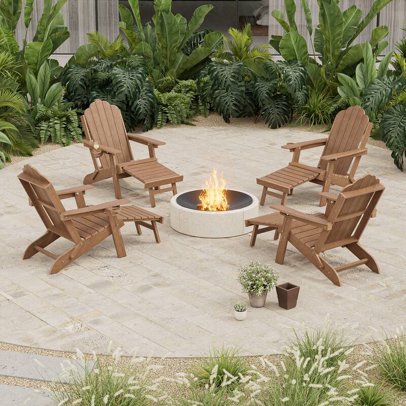 3-Position Adjustable Folding Adirondack Chair W/ Ottoman for Outdoor - Teak - 4-Piece