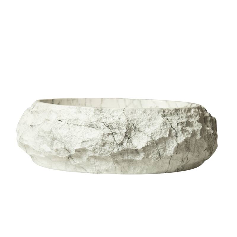 18" Bathroom Sink, Irregular Oval Resin Vessel Basin with Stone Pattern, Artistic Style Sink, NO Faucet - Ivory