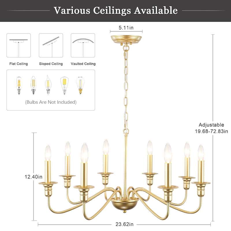 8-Light American Country Design Chandelier, Candle Style Chandelier for Dining Room Living Room Bedroom Kitchen - N/A