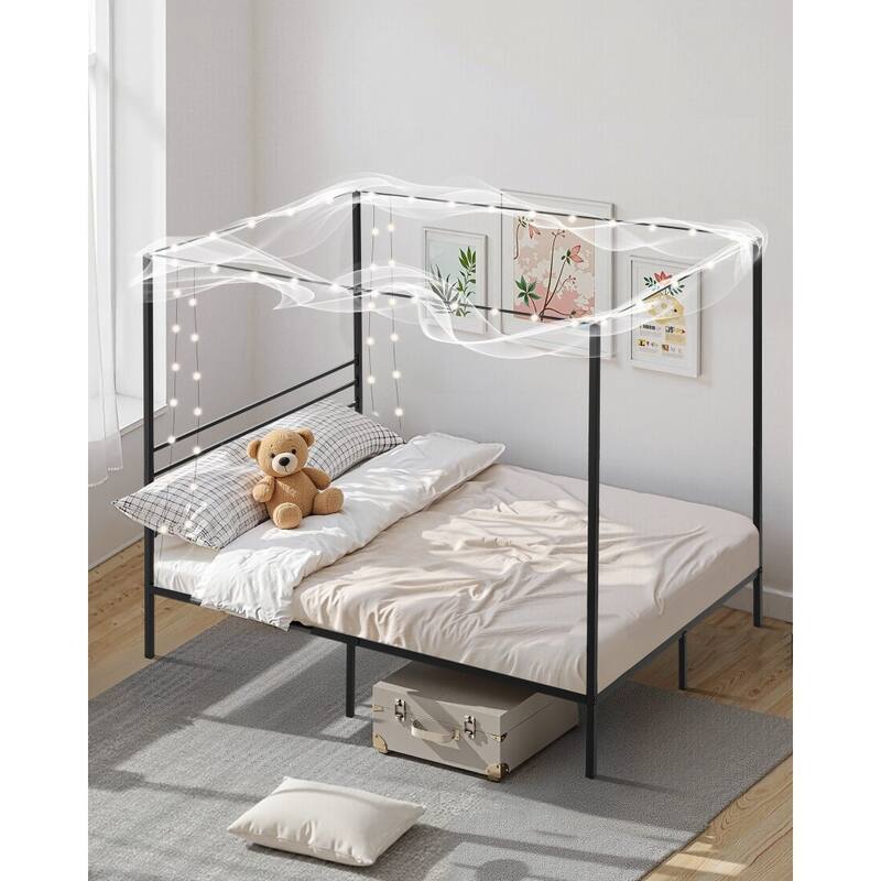 Modern Black Metal Canopy Bed Frame with 12.4 Inch Storage Clearance and Strong Weight Support