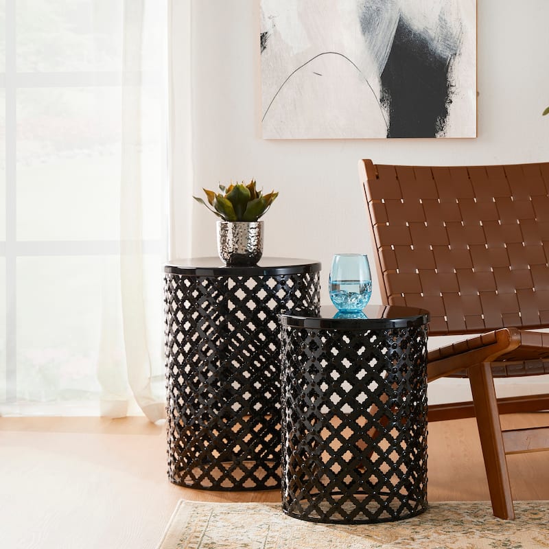 Glitzhome Set of 2 Multi-functional Metal Garden Stool Outdoor Table - Black