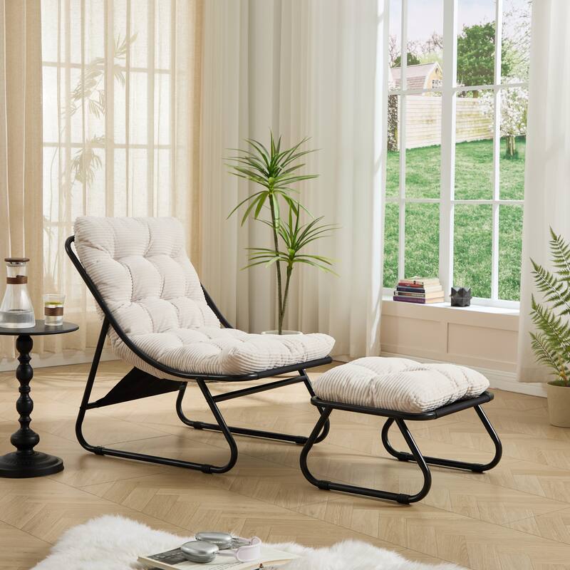 Patio Outdoor Lounge Chair with Ottoman, Comfy Sling Recliner Chair with Puffy Cushion and Foot Stool for Living Room