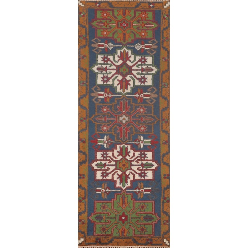 Blue Geometric Heriz Serapi Oriental Runner Rug Handmade Wool Carpet - 2'7"x 7'10"
