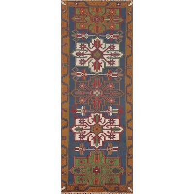 Blue Geometric Heriz Serapi Oriental Runner Rug Handmade Wool Carpet - 2'7"x 7'10"