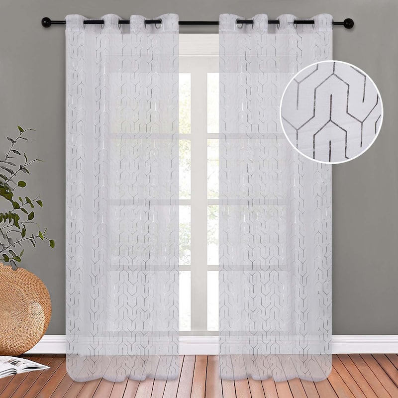 Superior Contemporary Geometric Trellis Sheer Curtains, Rod Pocket or Grommets, Set of 2 - 52" x 108" - White