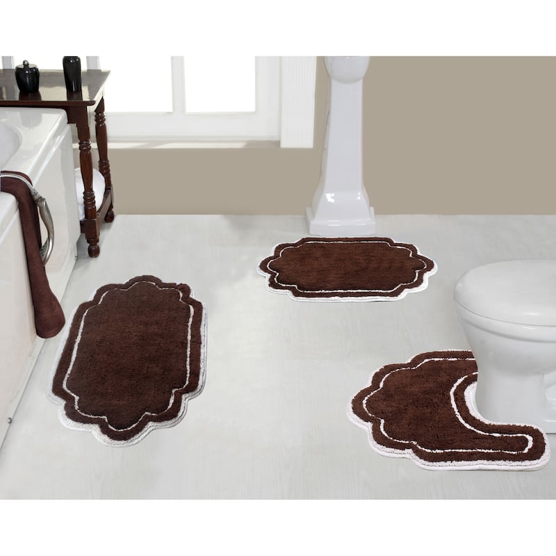 Allure Collection 100% Cotton Non-Slip Bathroom Rug Set, 3 Piece Machine Washable- Bathroom Rug, Bath Rug, U Shaped Contour - Brown