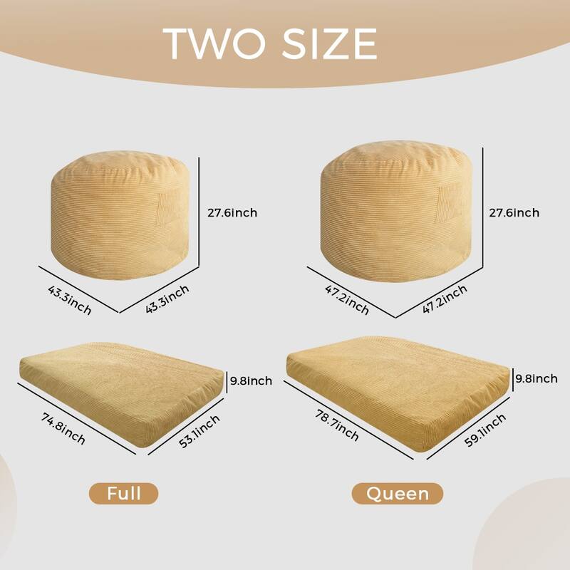 Giant Bean Bag, Corduroy Convertible Beanbag Folds from Lazy Chair to Floor Mattress Bed