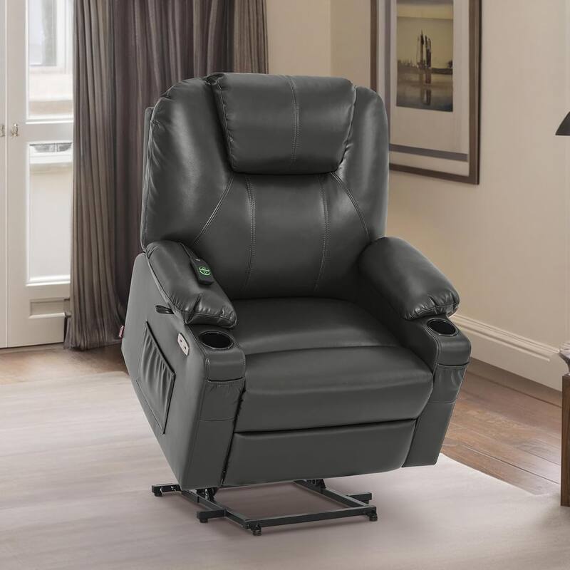 MCombo Large-Wide Power Lift Recliner Chair Sofa with Massage and Heat for Elderly People, Faux Leather R7510