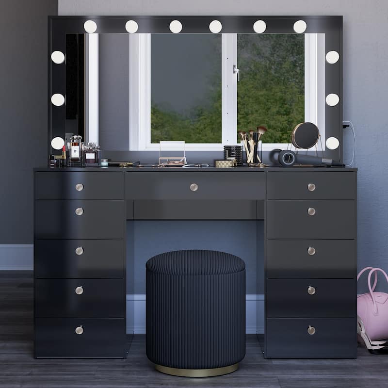 Boahaus Elle Makeup Vanity with Bluetooth Speaker, 12 Lights, and 11 Drawers