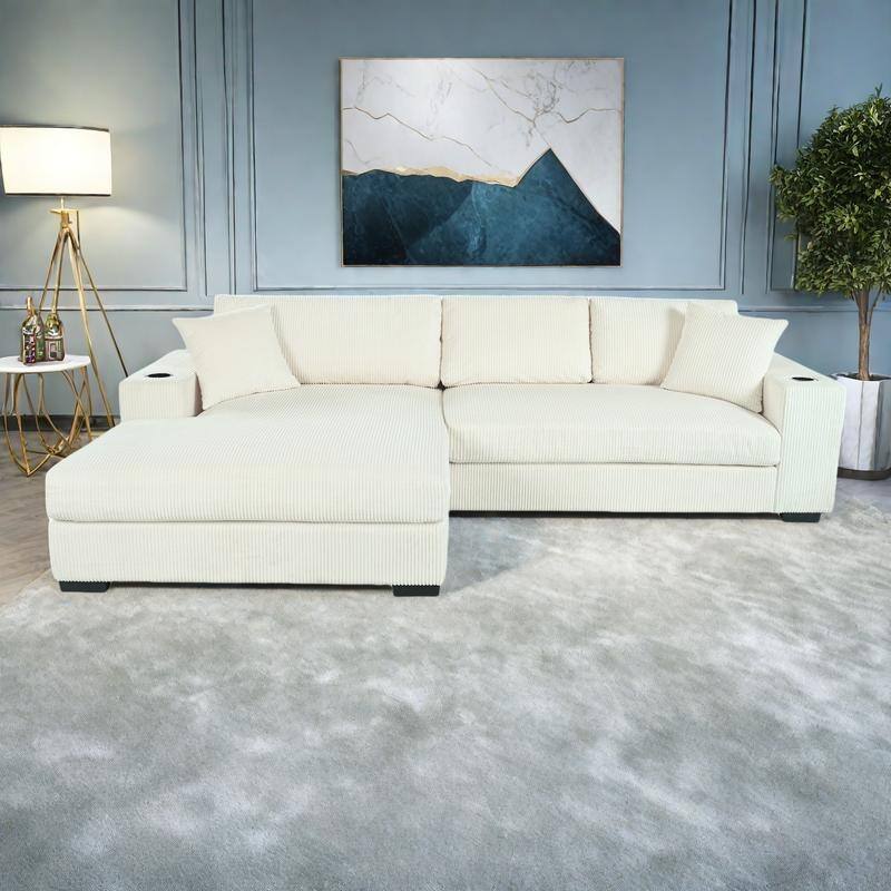 111.5" Corduroy Sectional Sofa with Thick Cushions, Cup Holders & Charging Ports - Beige