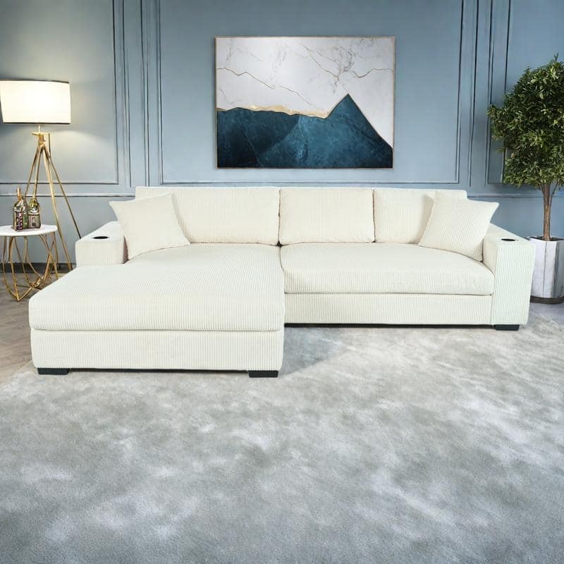 111.5" Corduroy Sectional Sofa with Thick Cushions, Cup Holders & Charging Ports