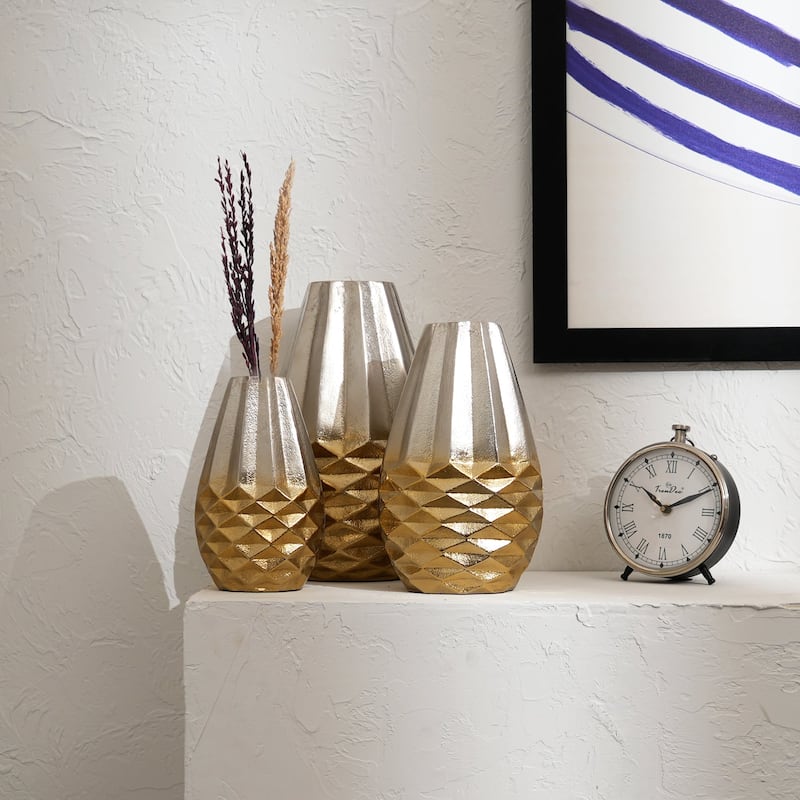Set of 3 Golden Beehive Design Aluminum Vases - Gold & Nickel Finish Table Accents