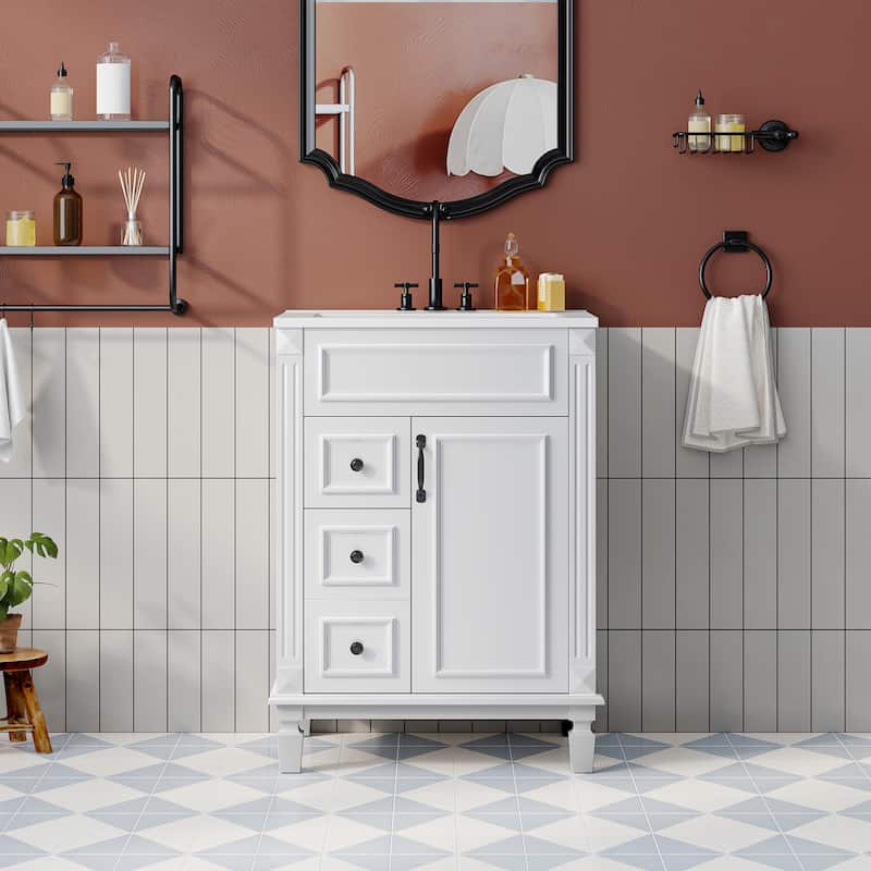 24" Bathroom Vanity with Ceramic Sink - Modern 2-Drawer Storage Cabinet, Adjustable Shelf, Space-Saving Design - White