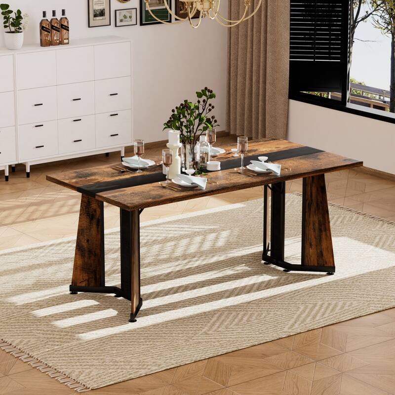 70.9" Rectangular Large Dining Table with Adjustable Legs - Black+Rustic Brown