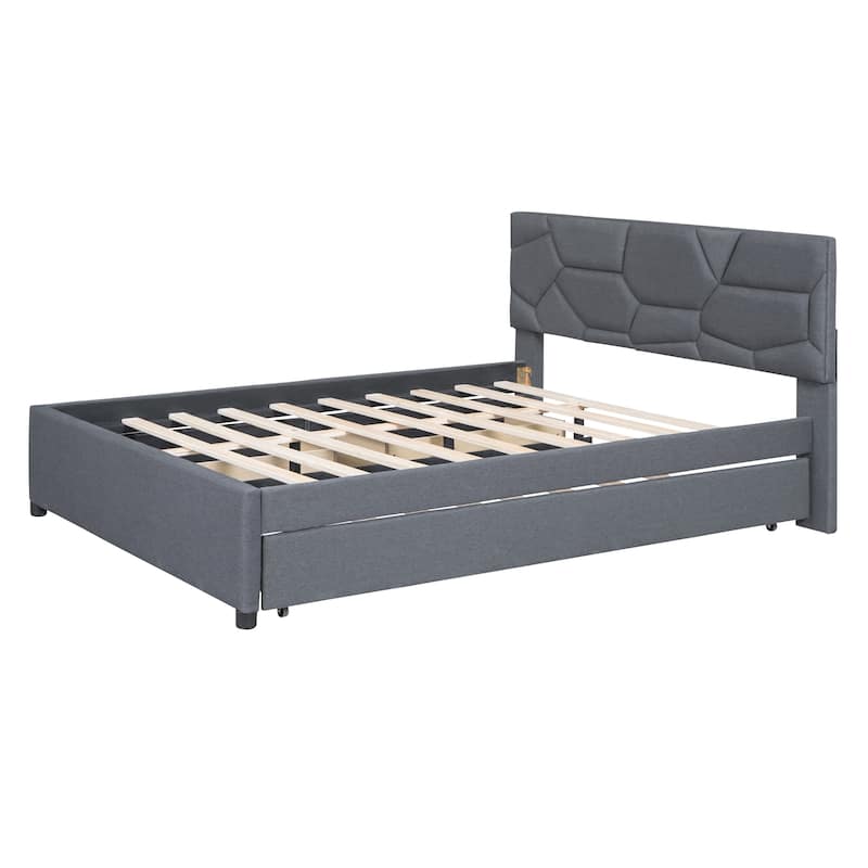 Grey Linen Fabric Queen Upholstered Platform Bed with Brick Pattern Headboard, Trundle, and Storage Drawers