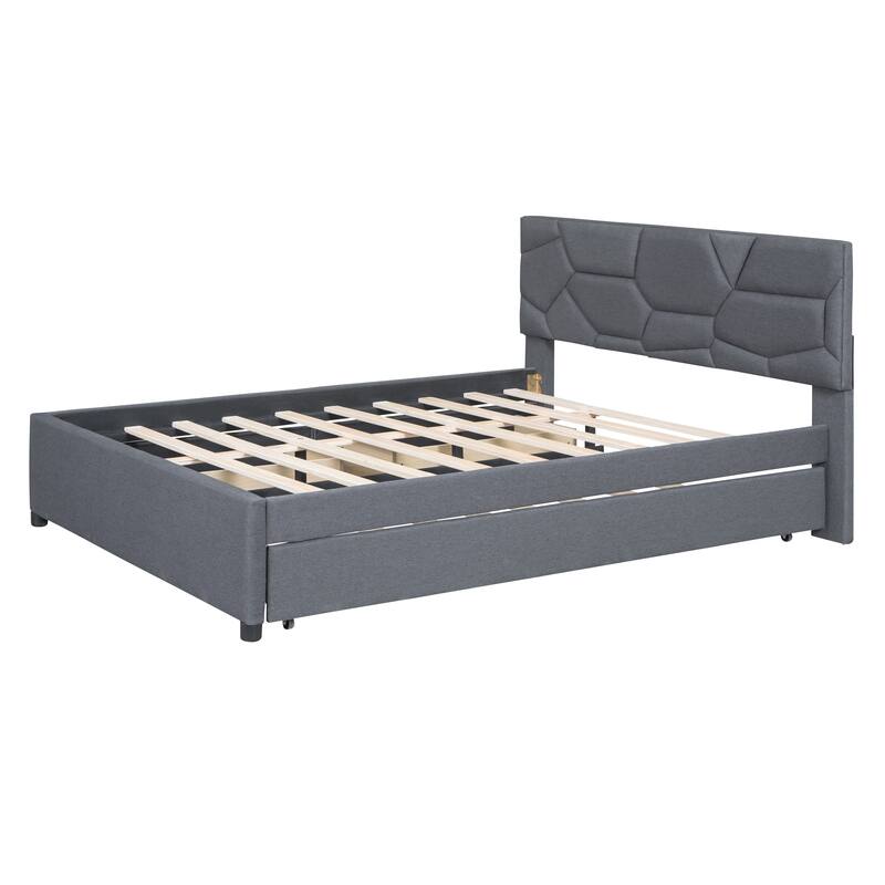 Queen/Full Upholstered Platform Bed with Twin Trundle, 2 Drawers, and Brick Headboard, No Box Spring Needed