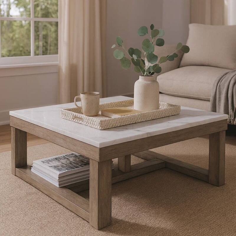 Aska Cocktail Coffee Table, Block Profile, Marble, 56 Inch Taupe Gray