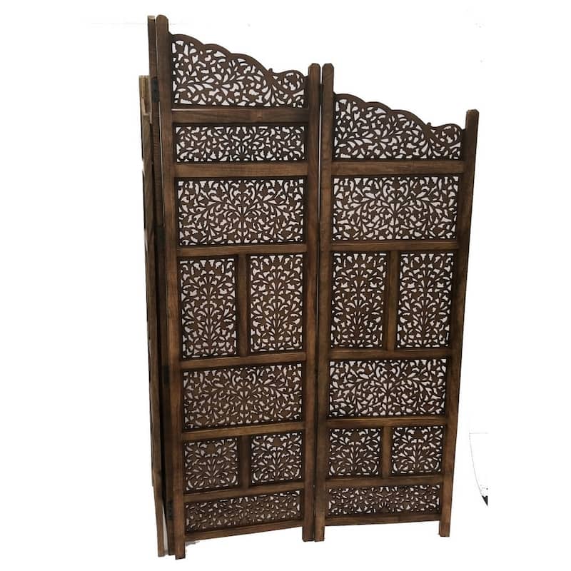 Benzara Hand Carved Foldable 4 Panel Wooden Partition Screen Room Divider,Brown