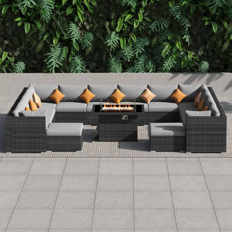 FINCATI 15-Piece Grey Wicker Patio Conversation Sofa Set with Ottomans, 43″ Fire Pit Table