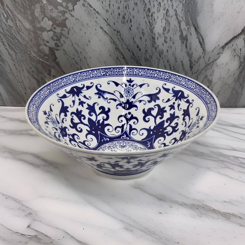 Cherry 16 Inch Decorative Bowl, Ceramic, Floral Design, Blue and White