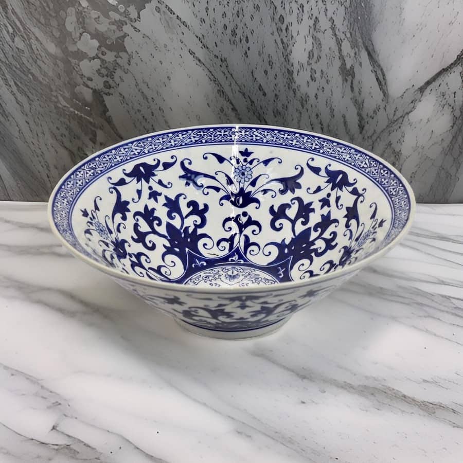 Cherry 16 Inch Decorative Bowl, Ceramic, Floral Design, Blue and White