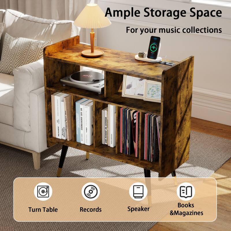 Retro Vinyl Stand with Charging Hub, Record Player Stand with Power Outlet and USB Ports