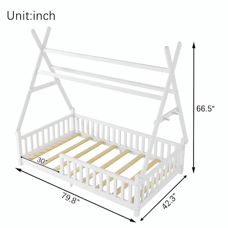 House Bed with Light, Low Floor House Bed with Fence and Roof