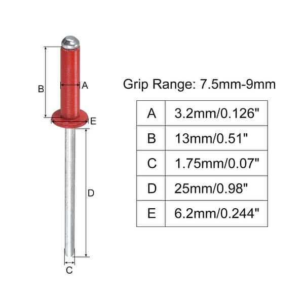 Blind Rivets, 3.2mm x 13mm Aluminum Open End Flat Round Head Rivet, Red