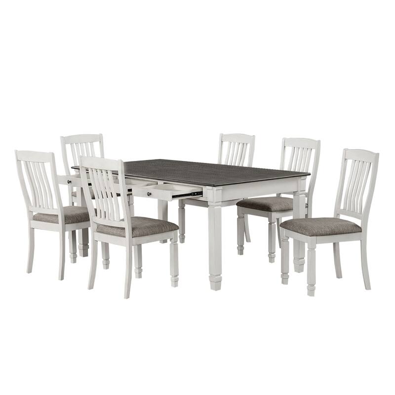 7 Piece Wooden Dining Set with Slat Backrest Chair in Rustic White - 7-Piece - Rustic White