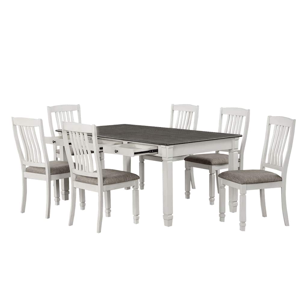 7 Piece Wooden Dining Set with Slat Backrest Chair in Rustic White