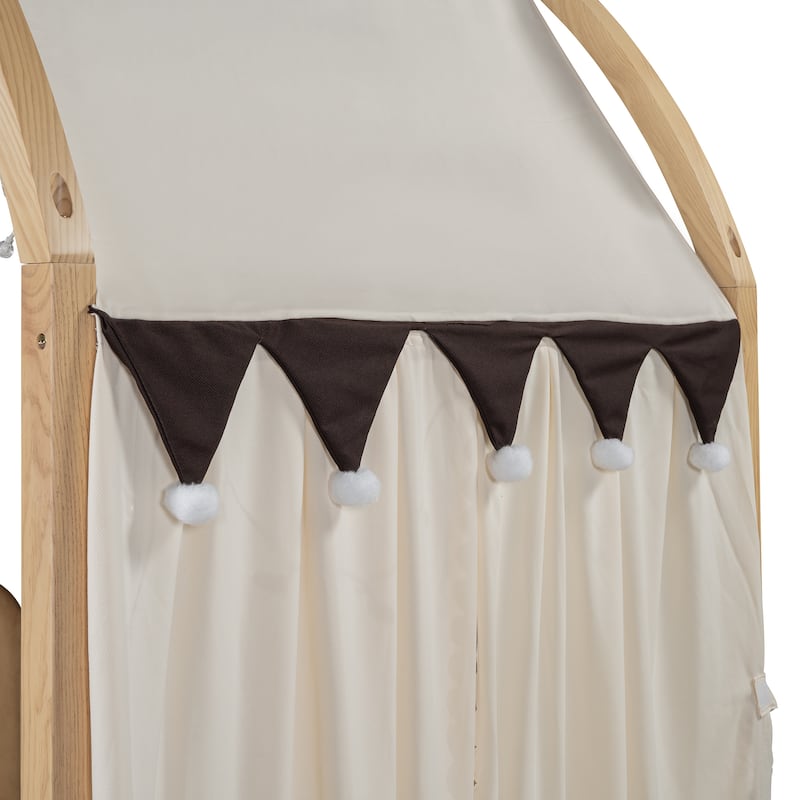 Wood Twin Size Bed Frame with Arched Roof, Floor Bed with Light and Curtain, Pull-out Kids Bed for Girls Boys Bedroom