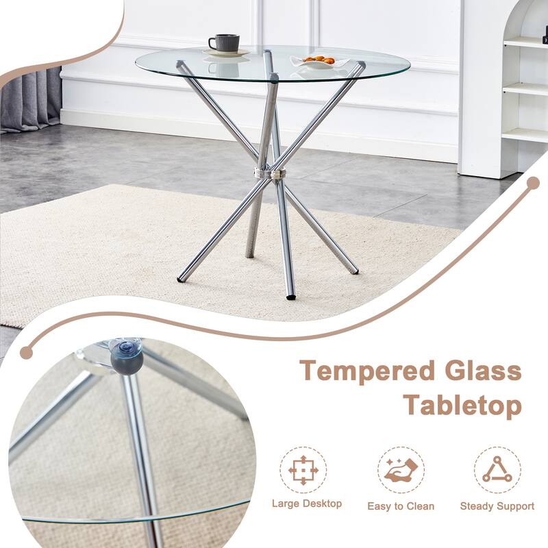 Roomfitters Clear Glass Dining Table for 4-6 with Ring-Shaped Silver Metal Legs for Kitchen or Work Space