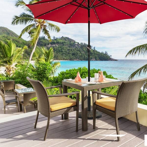 costco outdoor patio umbrella Seasons Sentry 10' Square 2-Tier Solar LED Aluminum Cantilever Umbrella  With Base
