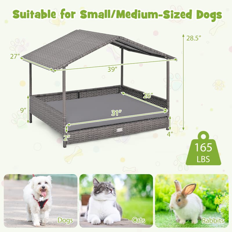 Gymax Wicker Dog House w/ Canopy PE Rattan Dog Bed Waterproof - Gray