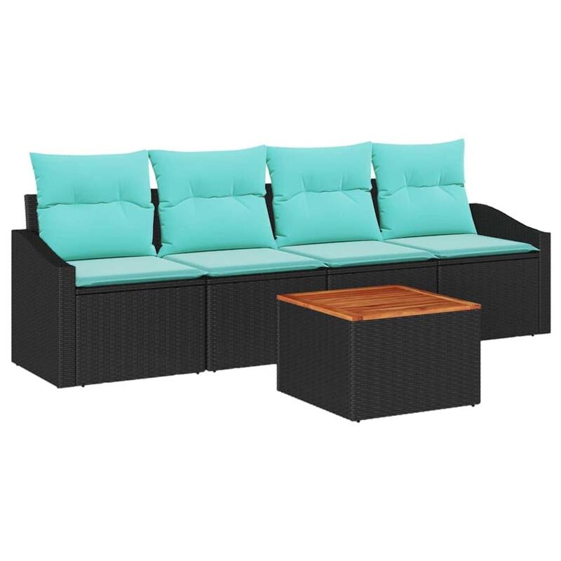 vidaXL 5 Piece Garden Sofa Set with Cushions Black Poly Rattan Acacia - 91.7×24.4×27.2