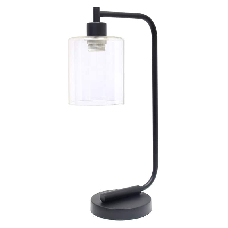 Simple Designs 18.8" Iron Lantern Desk Table Lamp with Glass Shade, Antique Brass, With LED Bulb