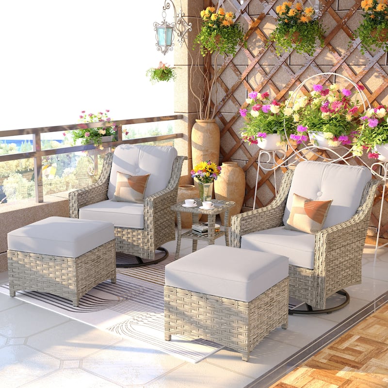 OVIOS 5 Pieces Outdoor Wicker Curved Swivel Chair Set With Ottoman - Light Gray