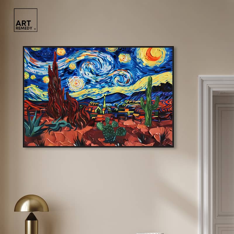 Art Remedy Desert Night Stars Framed Impressionism 1 Piece Canvas Wall Art /Monet And Van Gogh Inspired Art