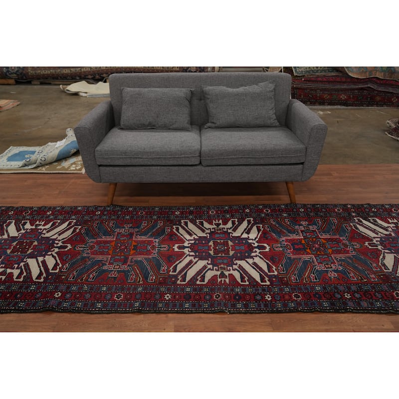 Hand Knotted Oriental 100% Wool Carpet Traditional Geometric Red Heriz Runner Rug - 10' 8'' X 3' 3''