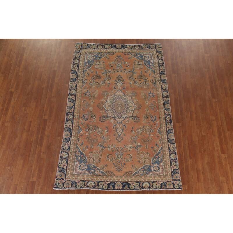 Hand Knotted Oriental 100% Wool Carpet Traditional Floral Oranges & Rust Mashad Area Rug - 9' 1'' X 5' 10''