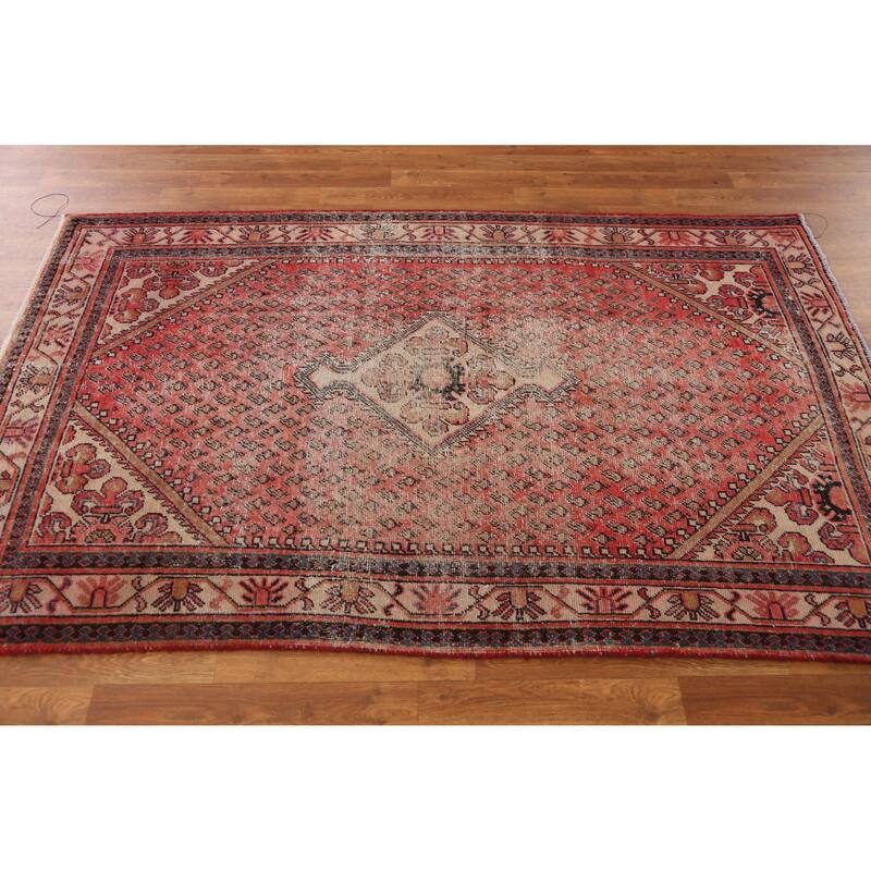Hand Knotted Oriental 100% Wool Carpet Traditional Geometric Red Botemir Area Rug - 6' 7'' X 4' 2''