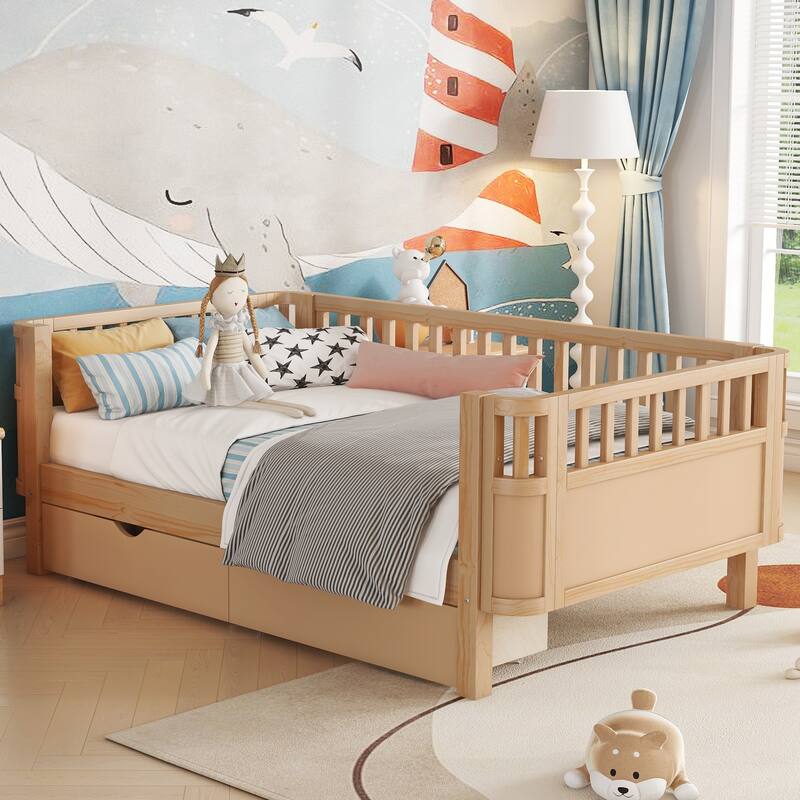 Wooden Daybed with Rails, Low Profile Platform Sofa Bed Frame with 2 Storage Drawers, No Box Spring Needed