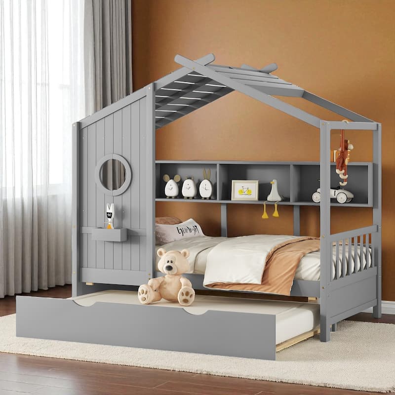 Wooden Twin/Full Size House Bed with Trundle, Storage Shelf & Roof Design - Kids Modern Playhouse Bed Frame