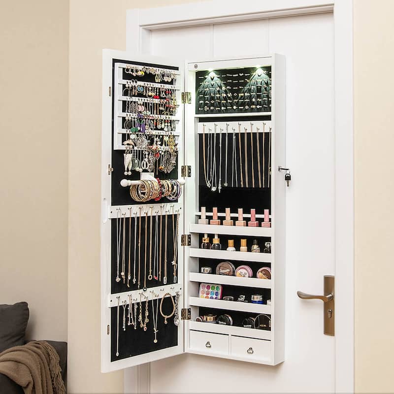 Costway Mirror Jewelry Cabinet with Full Length Clear Mirror & - 14.5" x 4" x 48.5"/50.5" (L x W x H)